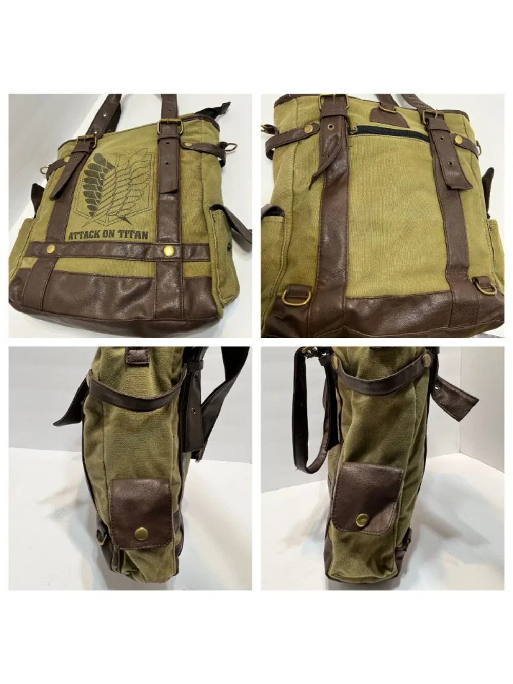 Attack On Titan Canvas Shoulder Tote Bag With Leather Straps & Anime Logo Design
